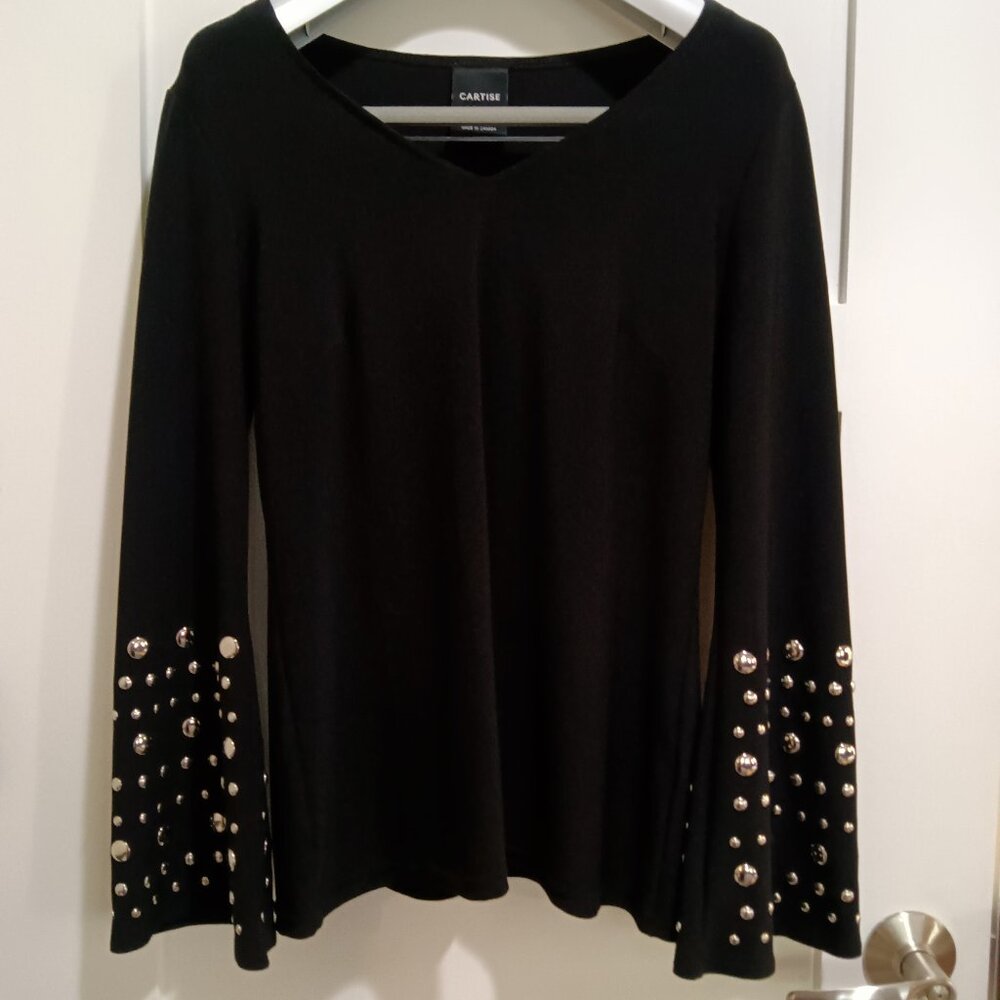 Cartise Black Knit V Neck Top Bell Sleeve Silver Studs - Great for Entertainers!